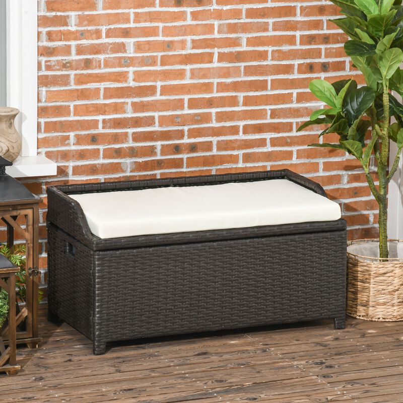 Outsunny Outdoor Wicker Storage Bench Deck Box, PE Rattan Patio Furniture Pool Container Storage Bin with Interior Waterproof Bag and Comfortable Cushion, Cream White