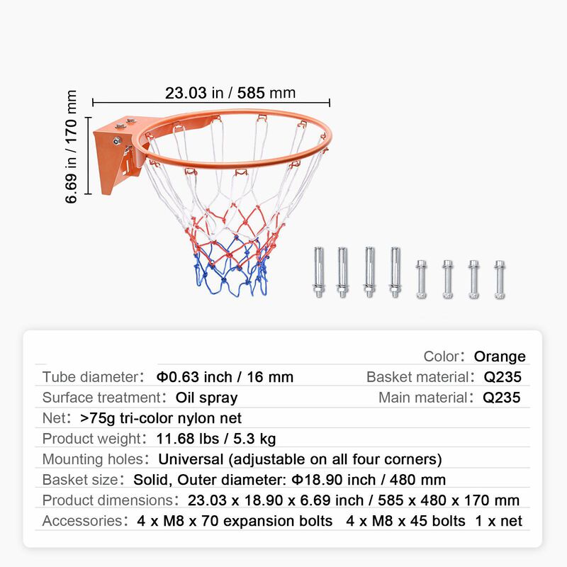 Standard Basketball Rim with Net, Wall Mounted Goal Replacement for Kids and Adults-Orange image number 2