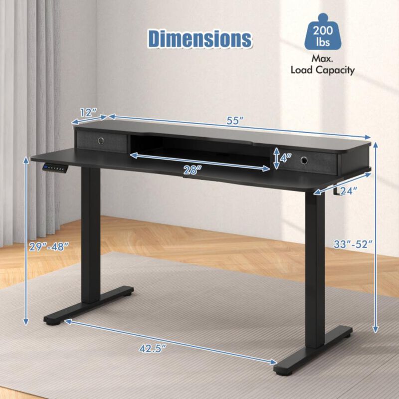 Hivvago 55 Inch x 24 Inch Height Adjustable Electric Standing Desk with 2 Drawers
