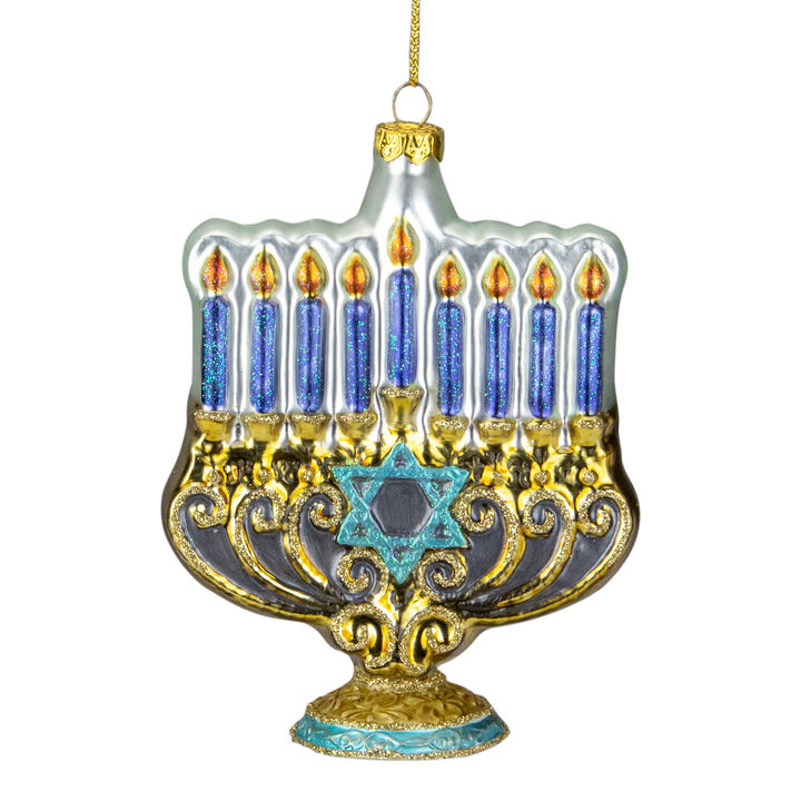 5" Gold and Blue Menorah Glass Hanukkah Ornament