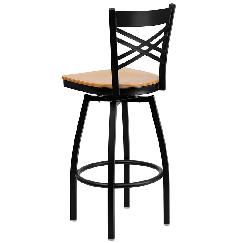 Flash Furniture HERCULES Series Black ''X'' Back Swivel Metal Barstool - Natural Wood Seat image number 2