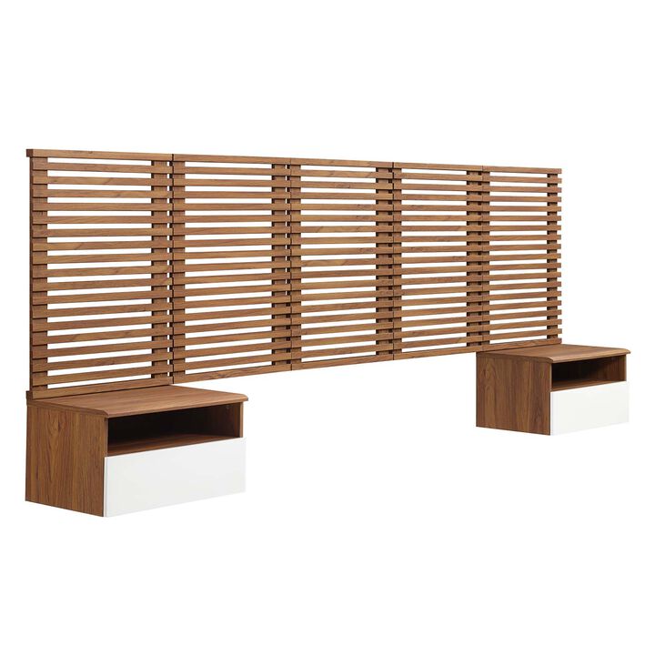 Modway - Render Wall Mount Queen Headboard and Modern Nightstands Walnut