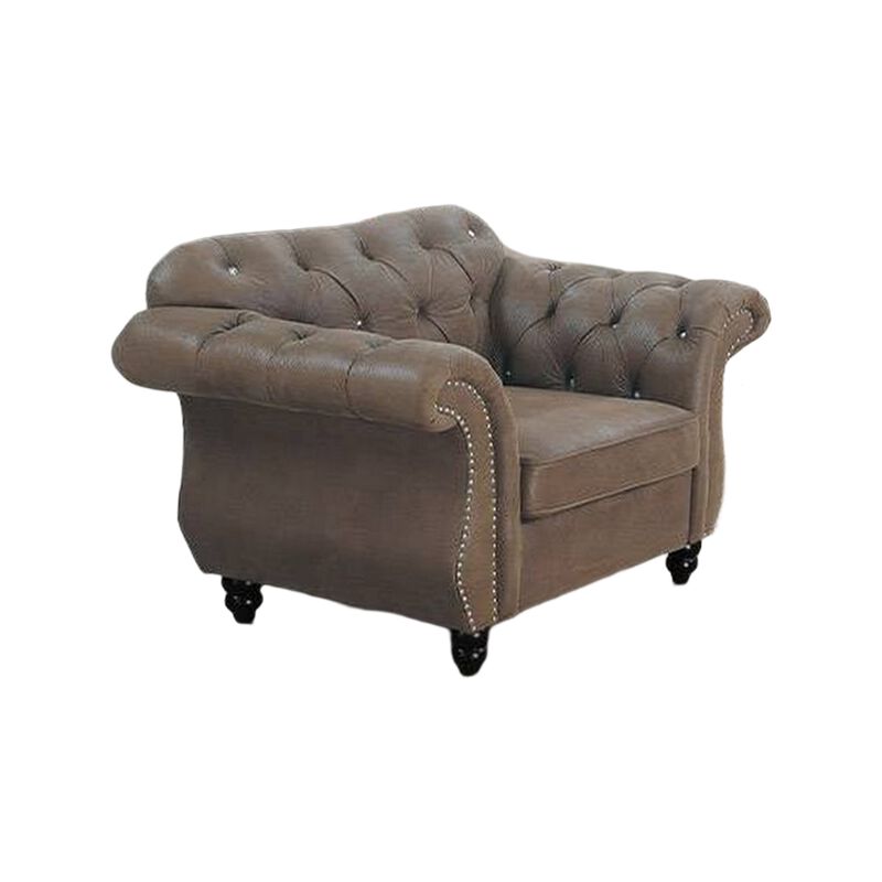 Rima 51 Inch Classic Accent Chair, Velvet Upholstery, Rolled Arms, Brown-Benzara