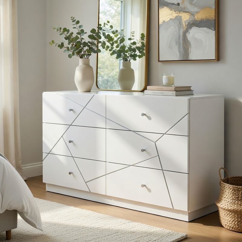 Oly Wide Dresser, 6 Drawers, Geometric Design, Chrome Knobs, Glossy White image number 8