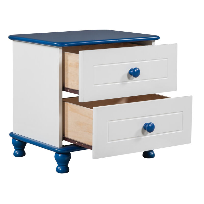 Wooden Nightstand with Two Drawers for Kids, End Table for Bedroom, White+Blue image number 3