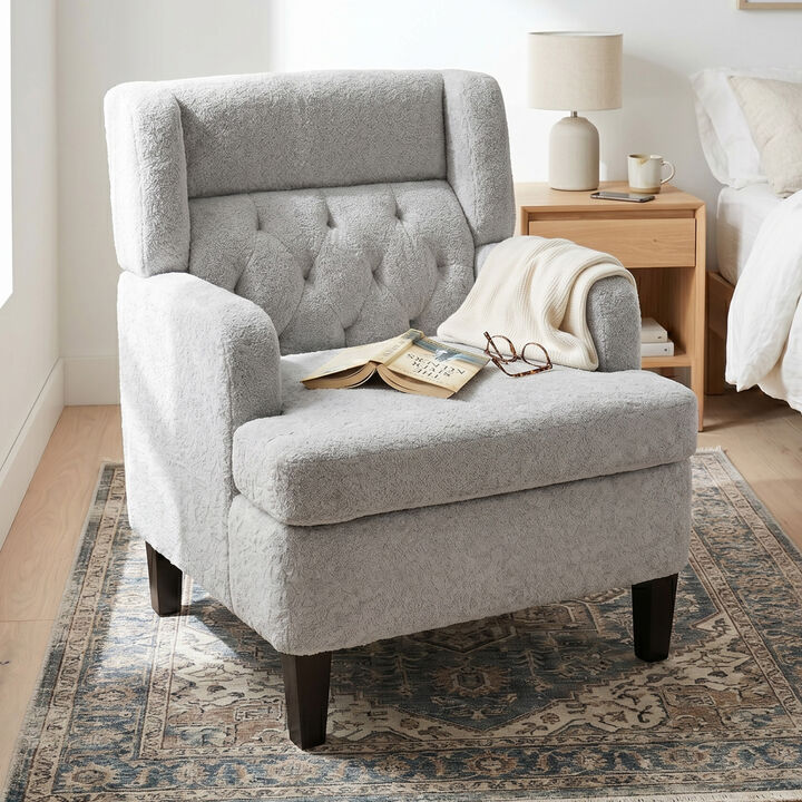 Merax Modern Tufted Plush Fabric Accent Armchair with Solid Rubber Wood Legs