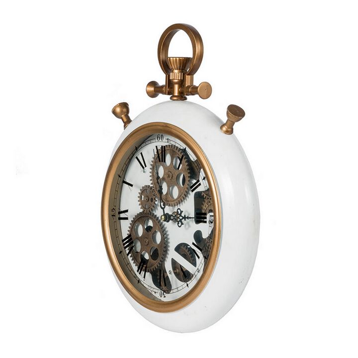 15 Inch Modern Roman Numeral Wall Clock, Iron, Plastic, White, Gold Finish - Benzara