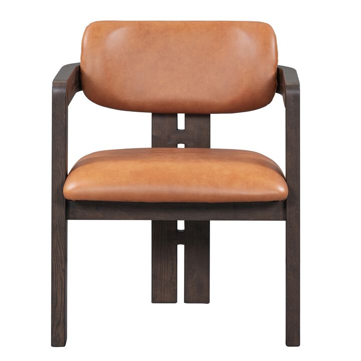 Tyna 24 Inch Dining Armchair, Tan Real Leather, Brown Solid Ash Wood - Benzara