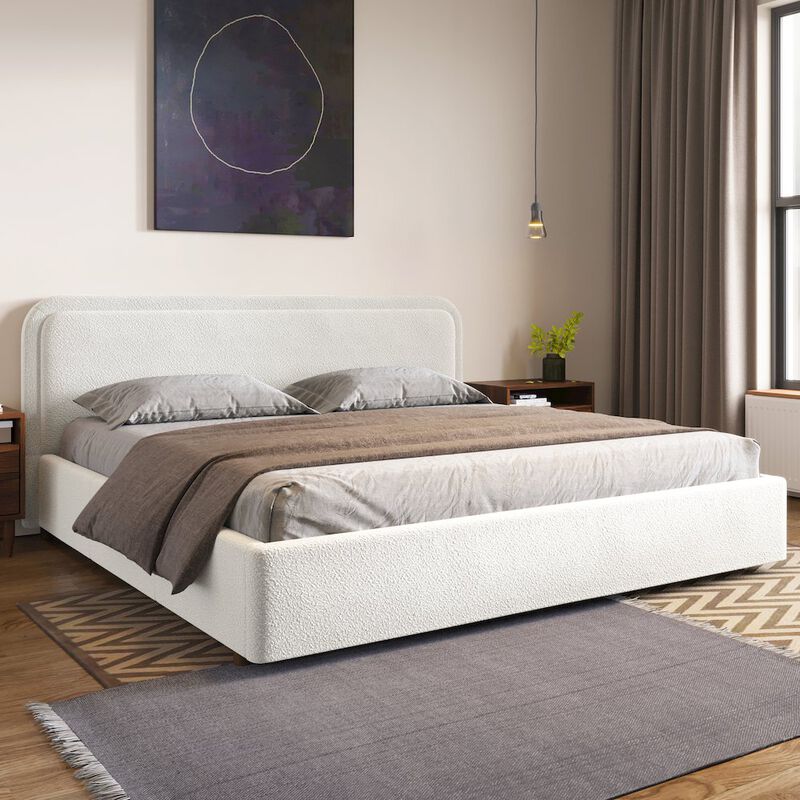 Omax Decor Upholstered Platform King Bed in White Boucle Fabric