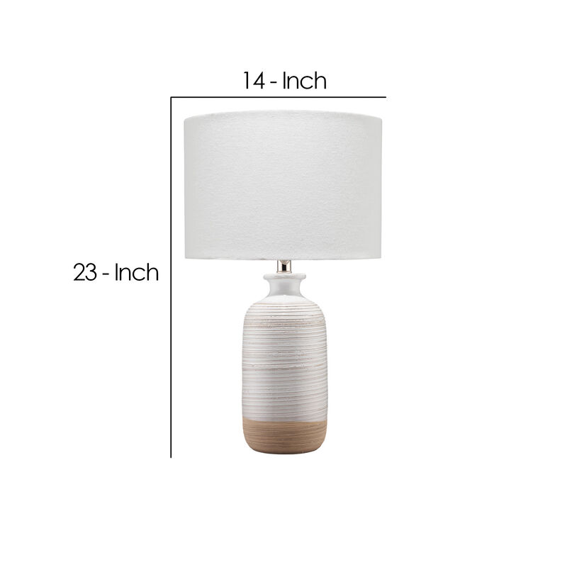 Table Lamp with Brushed Ceramic Body and Fabric Shade, Cream - Benzara