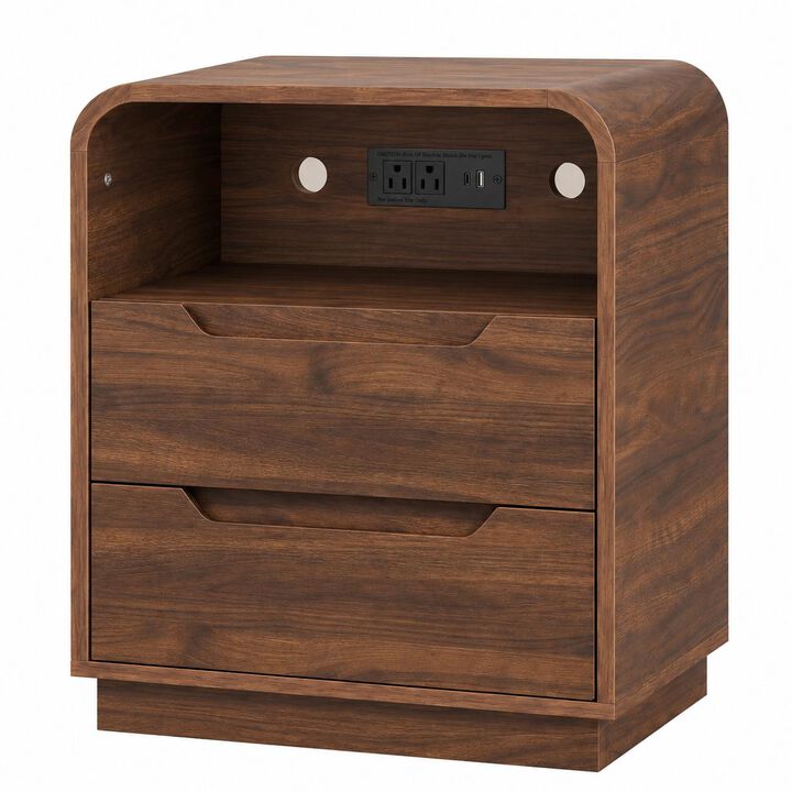 HomeRoots Ashen Fold Wood Two Drawer Nightstand with USB Port and Integrated Tech
