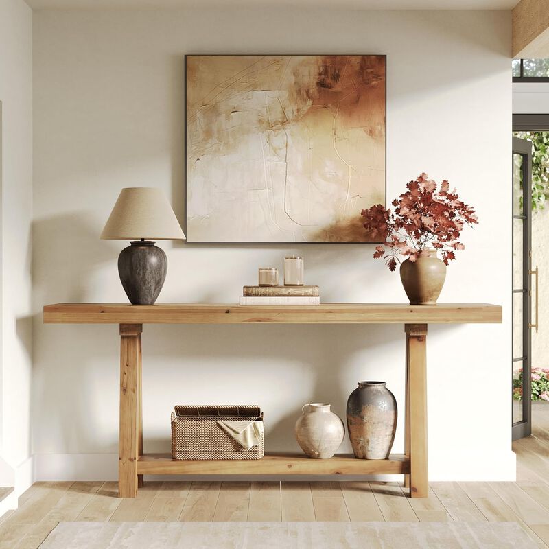 Solid Wood Sofa Console Table with Storage Shelves for Entryway-Light Wood Color image number 1