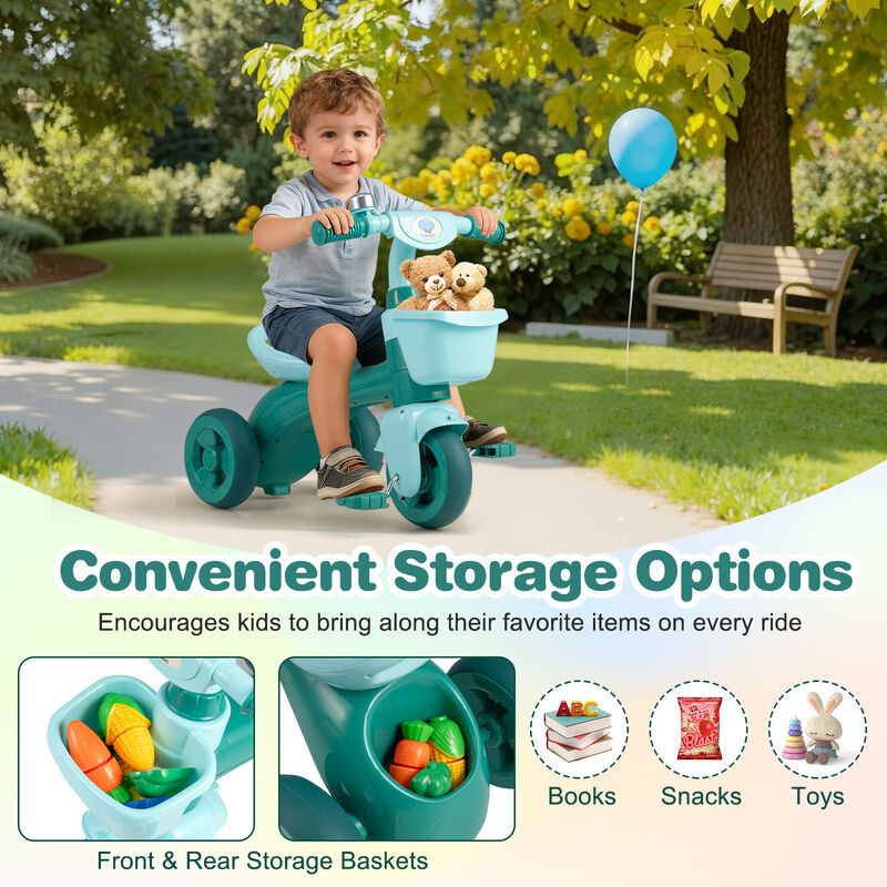 Toddler 3-Wheel Tricycle with Front Basket, Bell and Steering Control image number 5