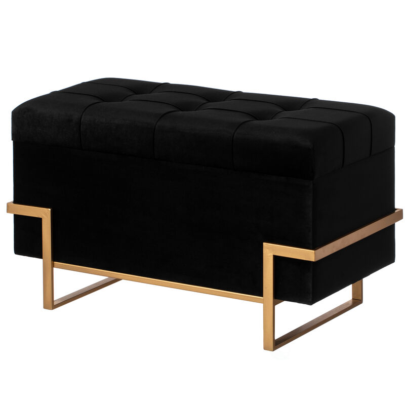 Rectangle Velvet Storage Ottoman Stool Box with Abstract Golden Legs | Decorative Sitting Bench for Living Room Home Decor with Unique Base Support (Black Large)