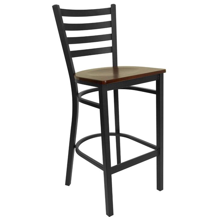Flash Furniture HERCULES Series Black Ladder Back Metal Restaurant Barstool - Mahogany Wood Seat