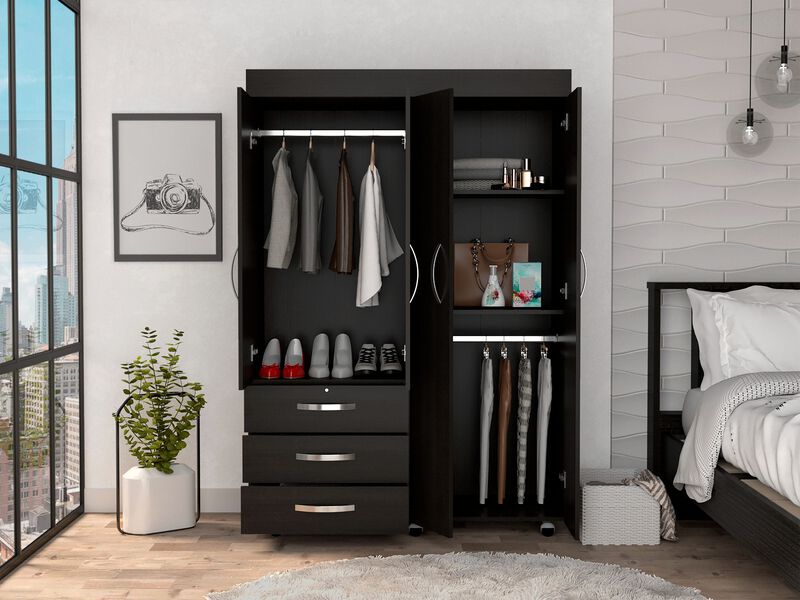 DEPOT E-SHOP Hamilton Mobile Armoire, Double Door Cabinet, Three Drawers, Rods, Two Shelves, Black image number 5