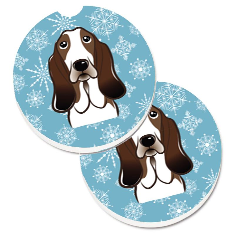 Caroline's Treasures Snowflake Basset Hound Set of 2 Cup Holder Car Coasters BB1677CARC, 2.56, Multicolor
