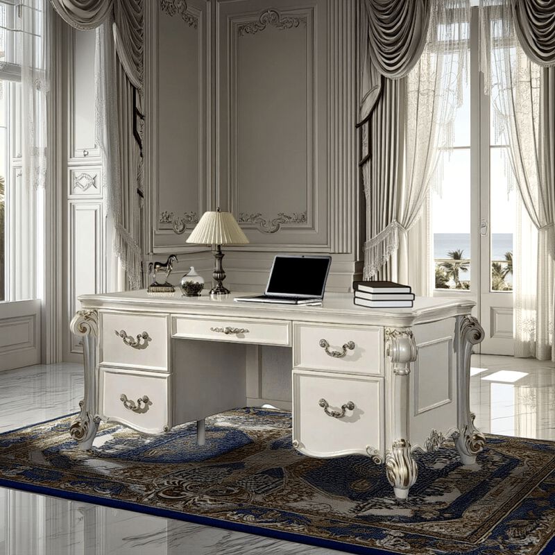 Antoine Home Office Desk, 5 Drawer, Pearl White Wood Gold, 74 Inch - Benzara