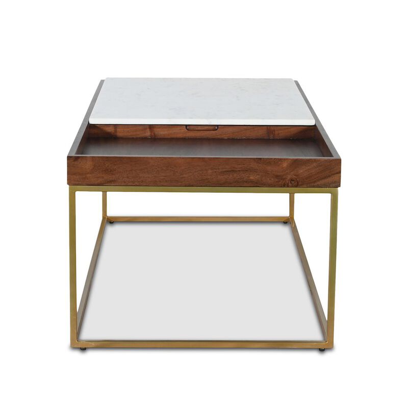 World Interiors Aurora 45" Coffee Table in White Marble and Mango Wood with Walnut Finish image number 2
