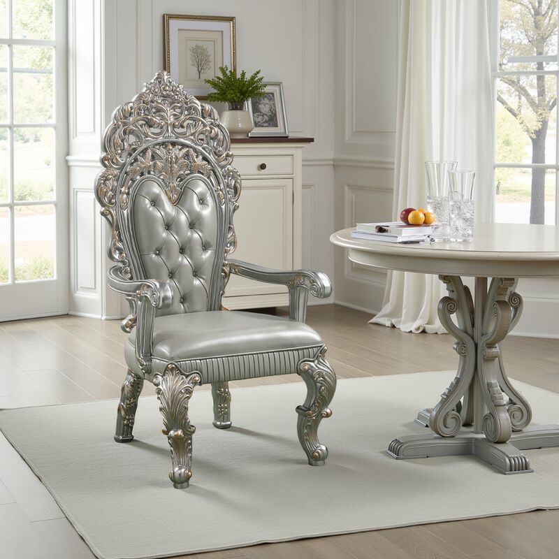 Dove Dining Armchair Set of 2, Beige Faux Leather, Champagne Finish - Benzara