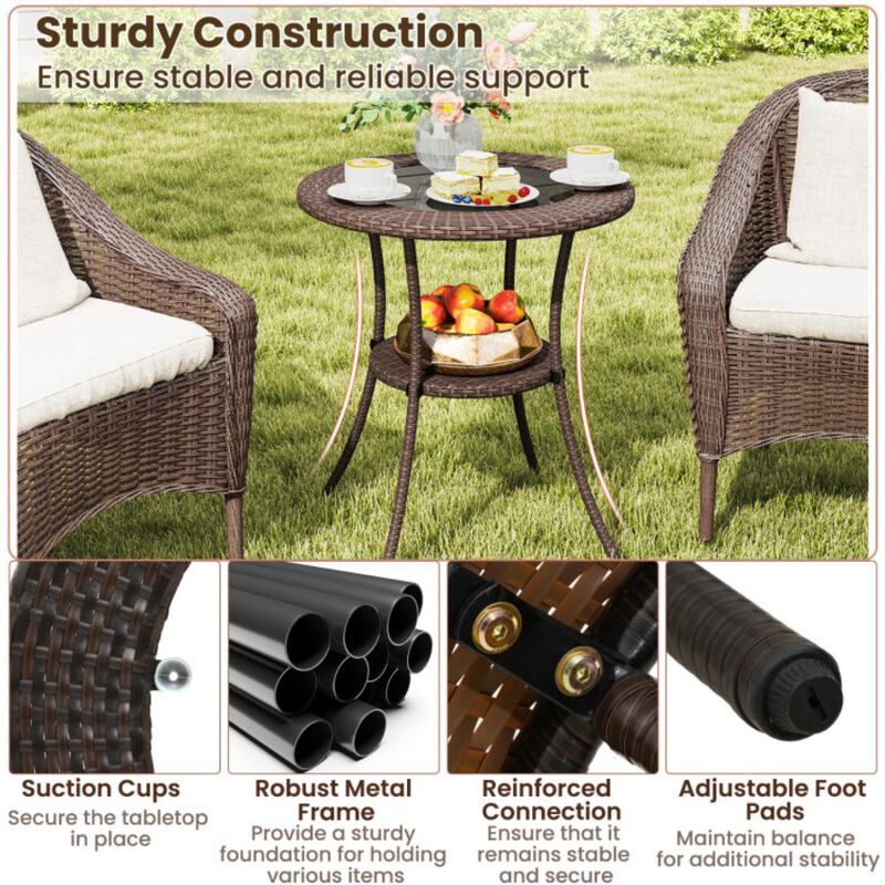 Hivvago Round Rattan Wicker Coffee Table with Lower Shelf