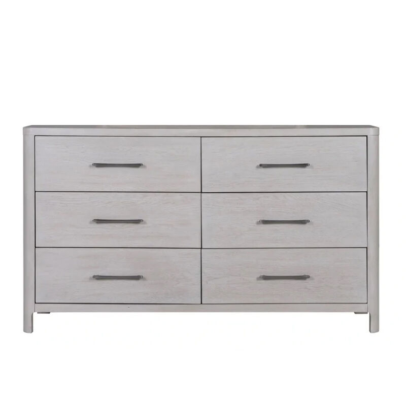 Reham Wide Dresser Chest, 6 Drawers, Pewter Handles, White Wash Brown - Benzara