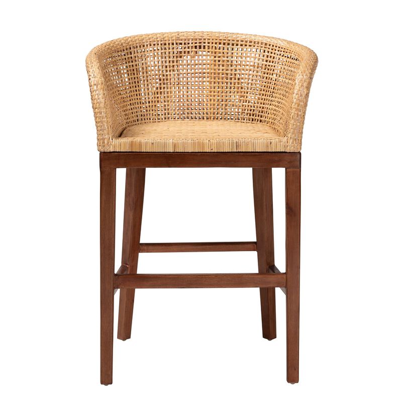 bali & pari Papua Modern Bohemian Natural Rattan and Walnut Brown Acacia Wood Counter Stool