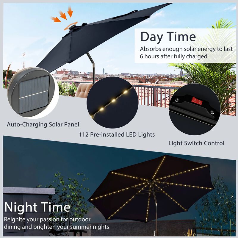 Mondawe 10 Feet Patio Umbrella with 112 Solar Lights and Crank Handle