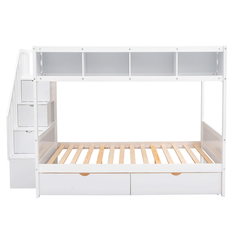Whisen Twin over Full Bunk Bed with Shelfs, Storage Staircase and 2 Drawers- White