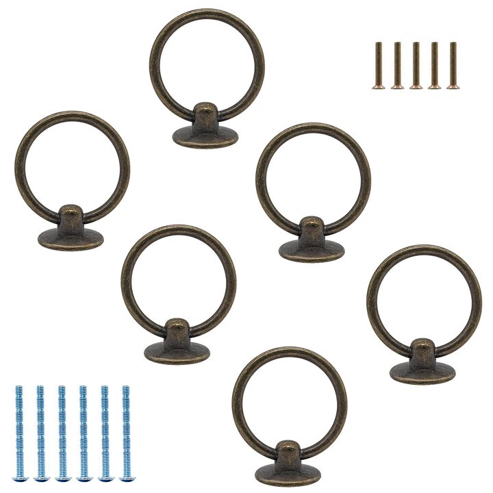 Luomorgo 6 Pcs Antique Bronze Ring Pull Handle Knobs, Vintage Dresser Drawer Pulls for Kitchen Cabinet Cupboard Chest Metal Draw
