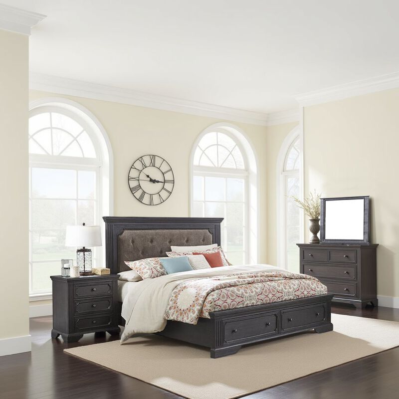 Aly Four Pc Queen Bedroom Set, Brown Polyester Upholstery, Storage Footboard, Gray - Benzara