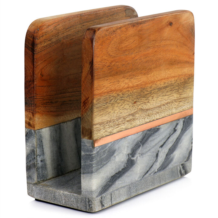 Laurie Gates California Designs 6.25 Inch Acacia Wood and Grey Marble Napkin Holder with Bronze Accent