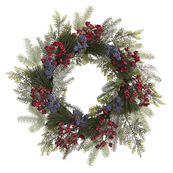 Nearly Natural 24-in Pine and Cedar Artificial Wreath with Berries