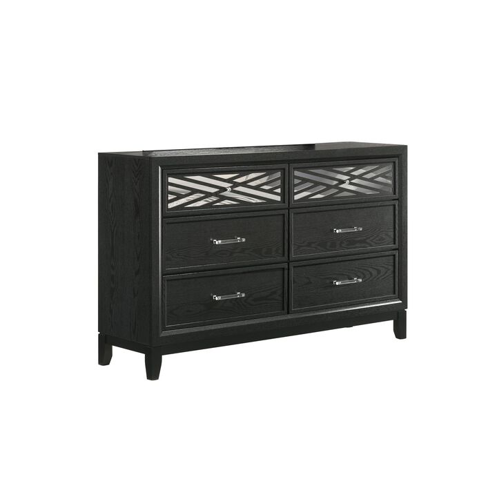Benjara Kira 58 Inch Wide Dresser, English Dovetail 6 Drawer, Rubberwood, Black, Clear