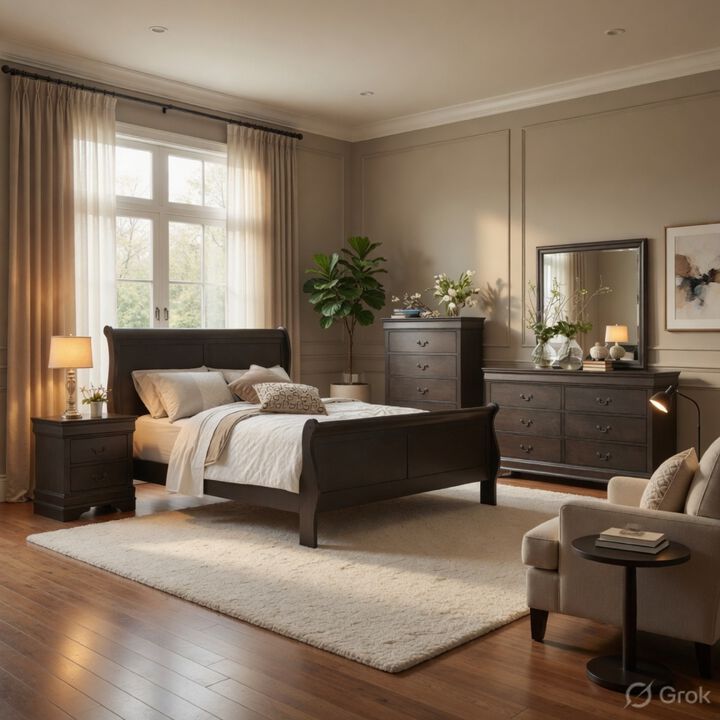 Full Size Bedroom Set, Gray Finish, 5-Piece Set with Bed, Dresser, Mirror, Chest and Nightstand