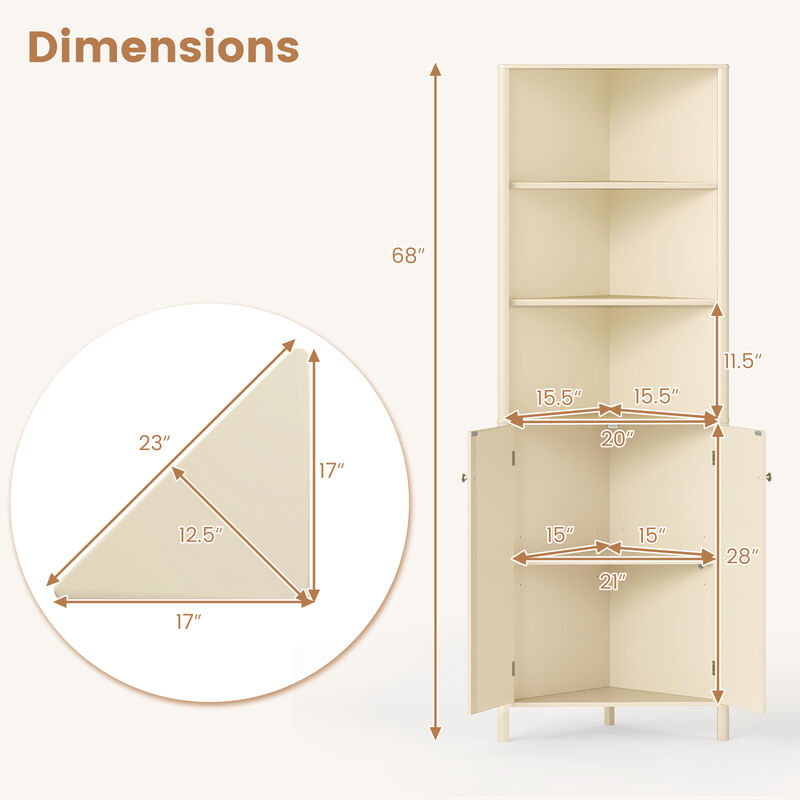 5-Shelf Tall Corner Cabinet with 2 Fluted Doors for Bathroom Organization-Beige image number 2
