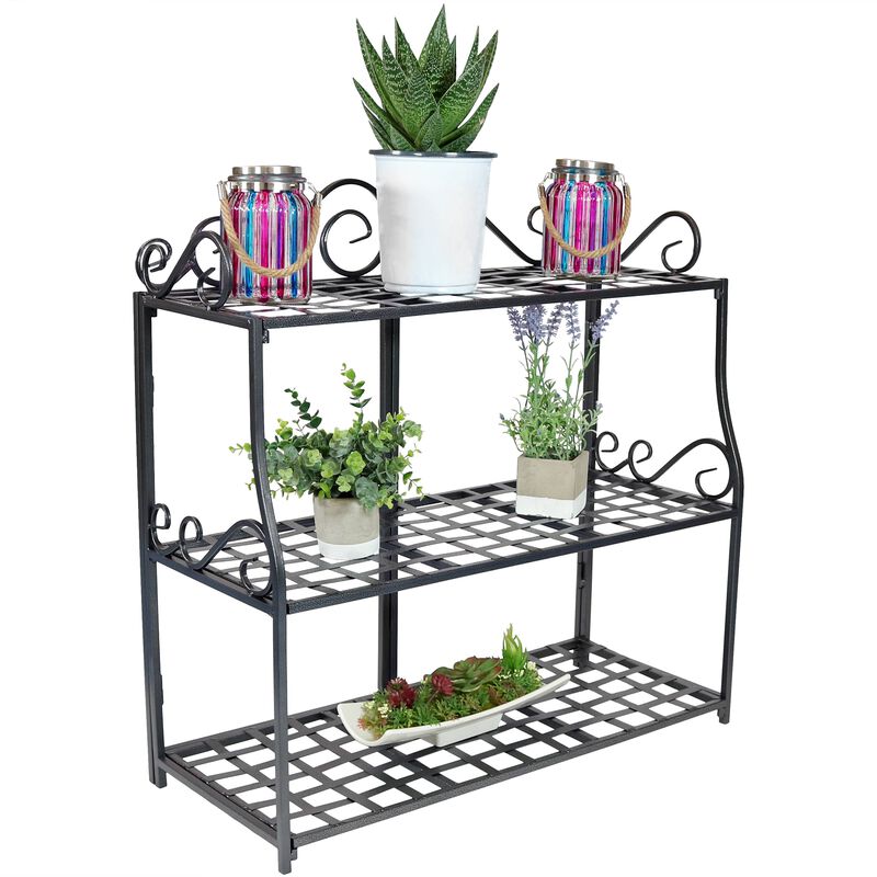 Sunnydaze Black Iron 3-Tier Plant Stand Shelf with Scroll Edging - 30 in