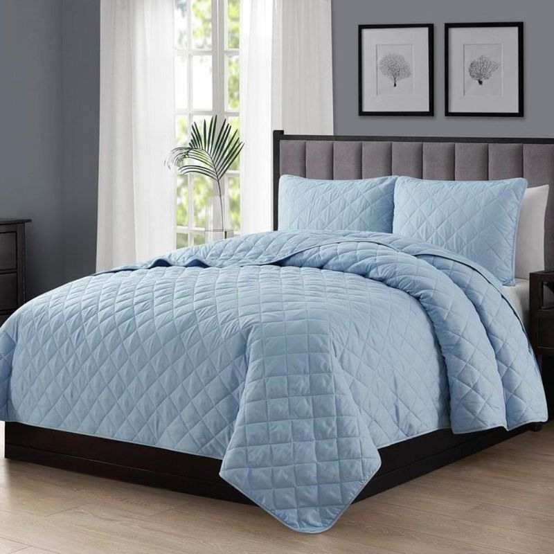 Hivvago King size 3-Piece Navy Blue Polyester Microfiber Reversible Diamond Quilt Set