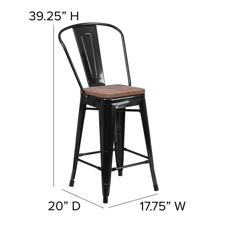 Flash Furniture Lily 24" High Black Metal Counter Height Stool with Back and Wood Seat