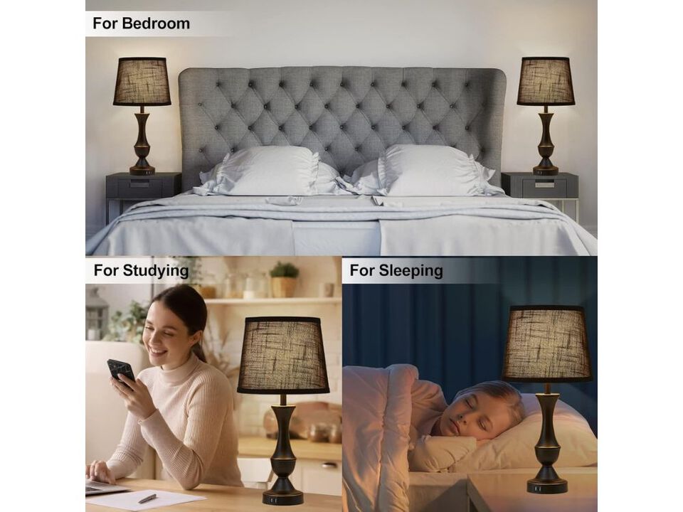 22 Inch Black Touch Table Lamps Set of 2 with USB and LED