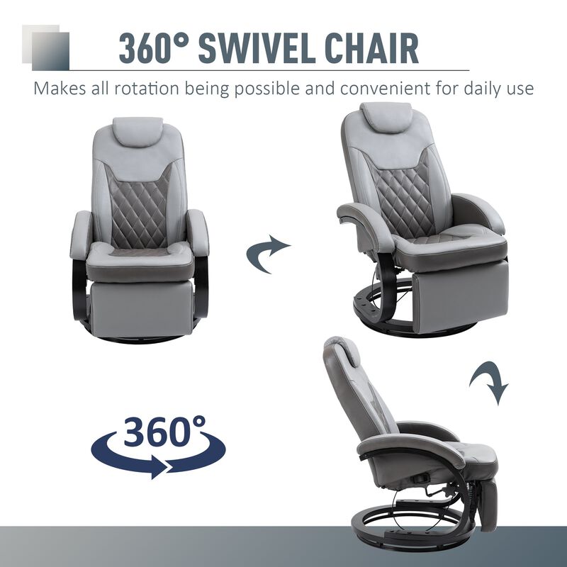 Gray Living Room Lounger: PU Recliner Armchair with Swivel and Footrest