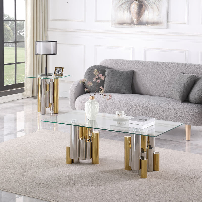 Stainless Steel Square Glass End Table for Living Room- 20" Modern Sleek Center Table Table with Clear Tempered Glass image number 3
