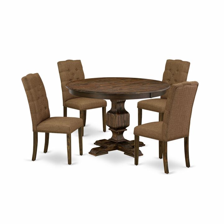East West Furniture F3EL5-718 5Pc Dining Set - Round Table and 4 Parson Chairs - Distressed Jacobean Color