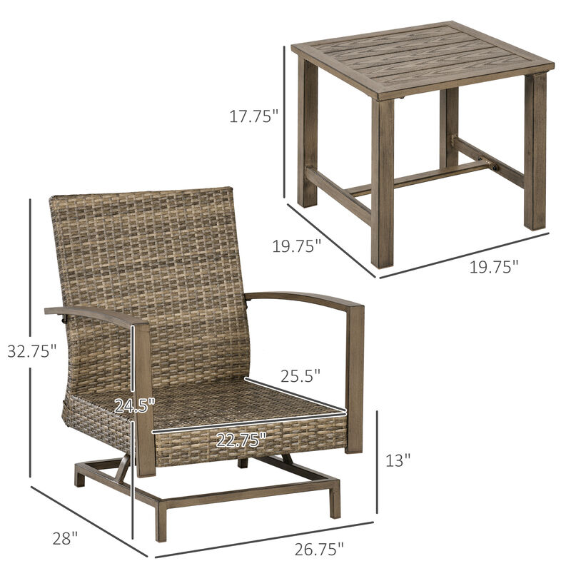 Outsunny 3-Piece Wicker Patio Furniture Set, Outdoor Rocking Chair Set with Bistro Coffee Table, PE Rattan Rocker Conversation Set with Cushions for Porch, Balcony, Yard, Poolside, Garden, Gray