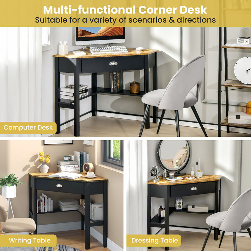 Costway Triangle Computer Desk Corner Office Desk Laptop Table with Drawer Shelves Rustic