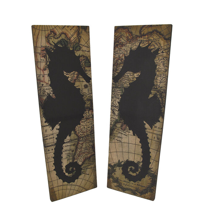 Set of 2 Seahorse Silhouette Old World Map Canvas Wall Hangings