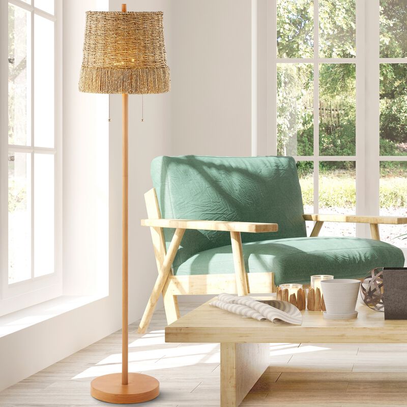 Ocata 2-Light Coastal Bohemian Iron/Rattan LED Floor Lamp with Pull-Chain