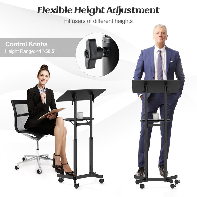 Mobile Lectern Podium Height-adjustable Rolling Laptop Cart with Tilting Top Storage Tray image number 6