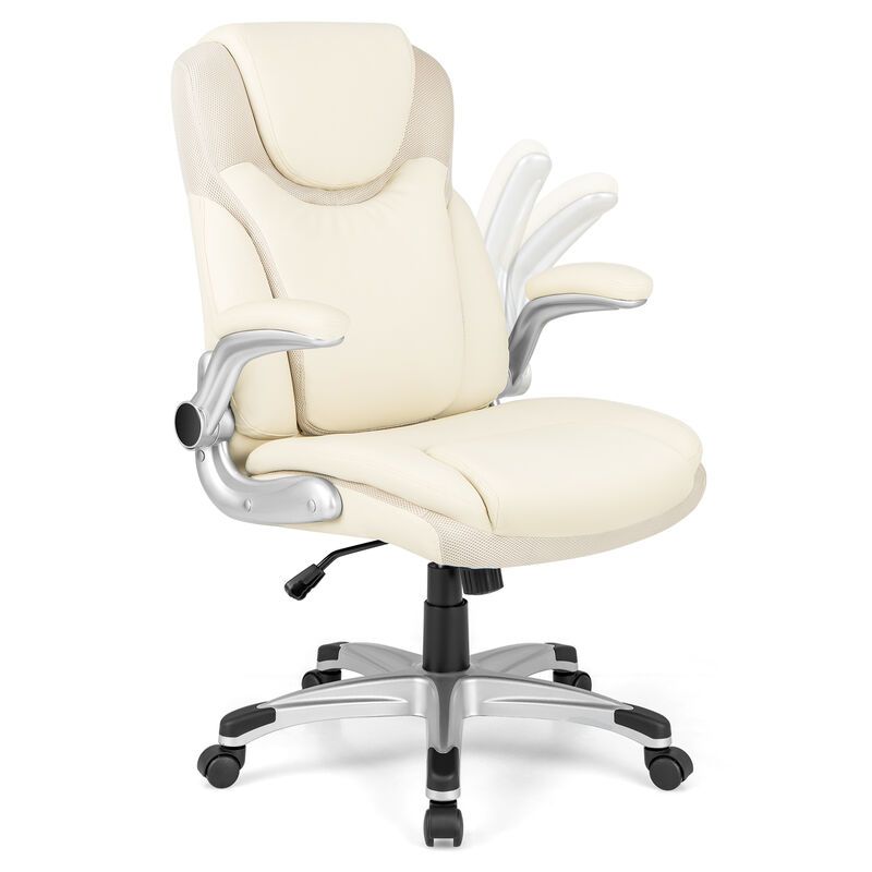 Ergonomic Office PU Leather Executive Chair with Flip-up Armrests and Rocking Function-White