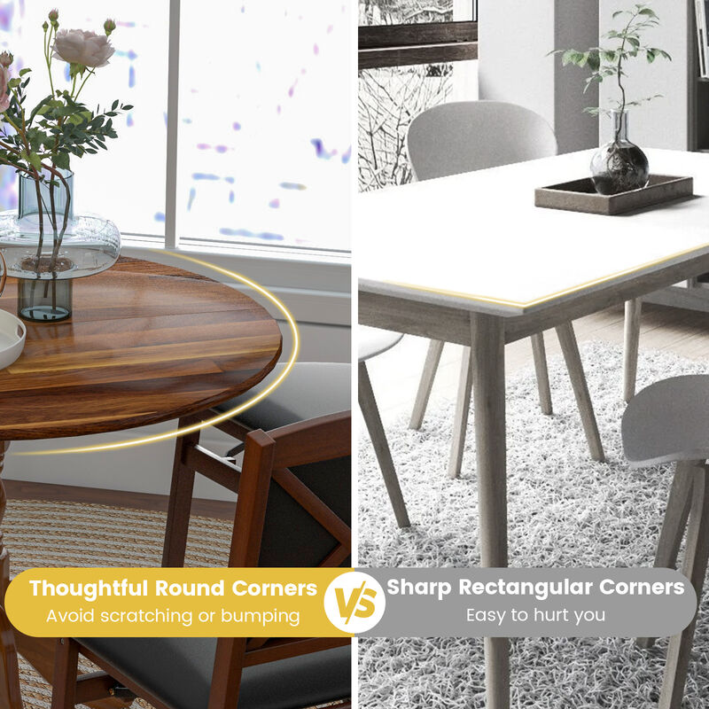 Wooden Dining Table with Round Tabletop and Curved Trestle Legs.